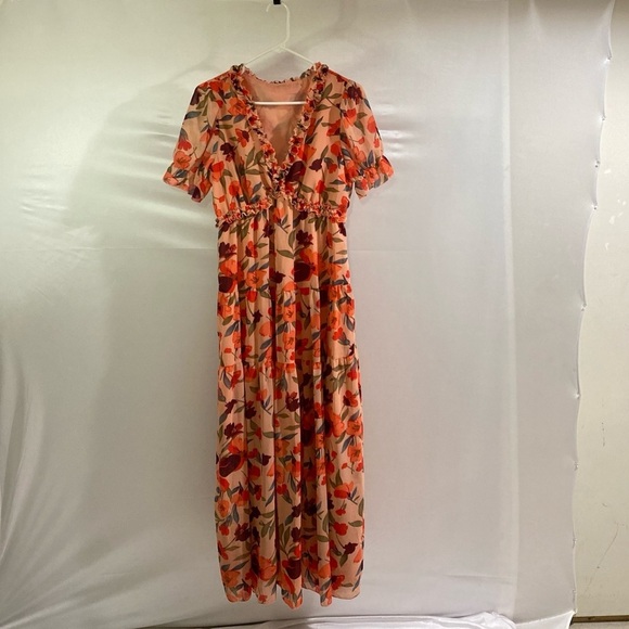 Women's Medium Orange Floral V-Neck Maxi Dress - Picture 1 of 11